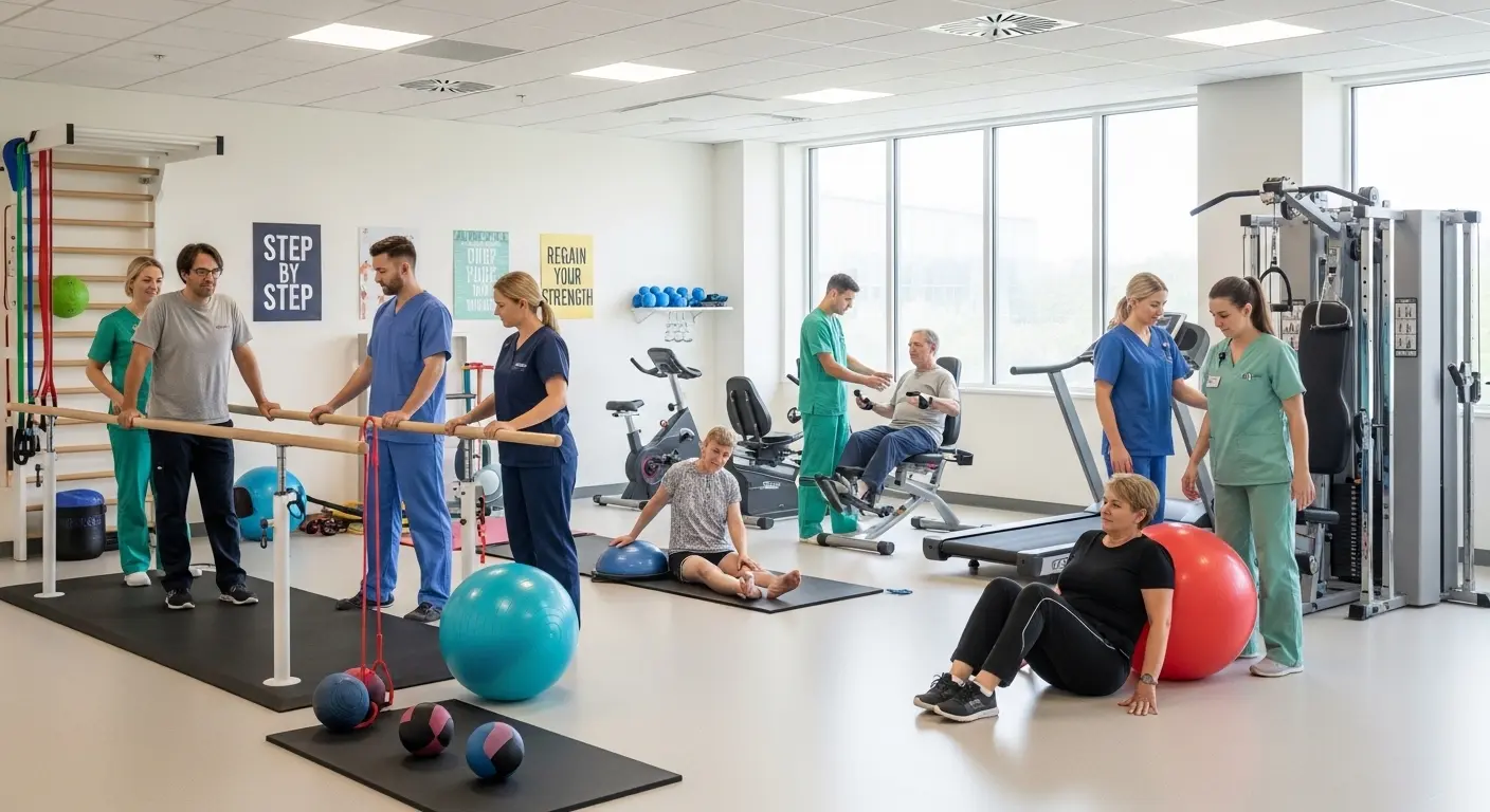Physiotherapists helping patients with rehabilitation exercises in a modern therapy center