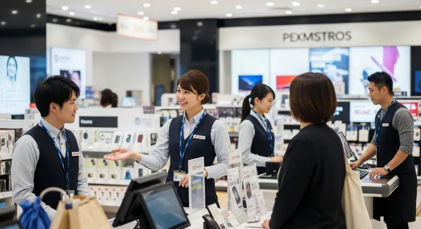Retail employees assisting customers while wearing store uniforms