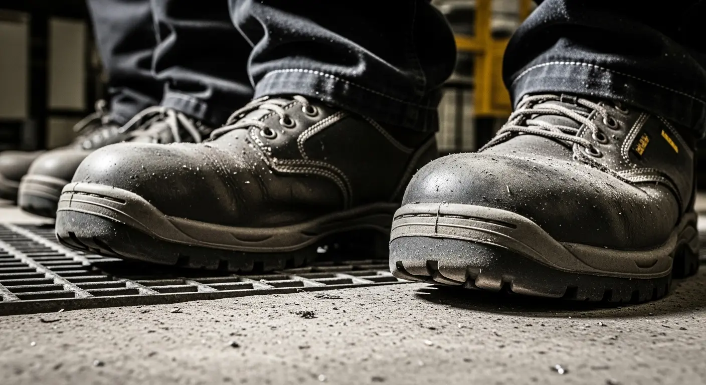 close up of industrial safety shoes worn by worker in Qatar