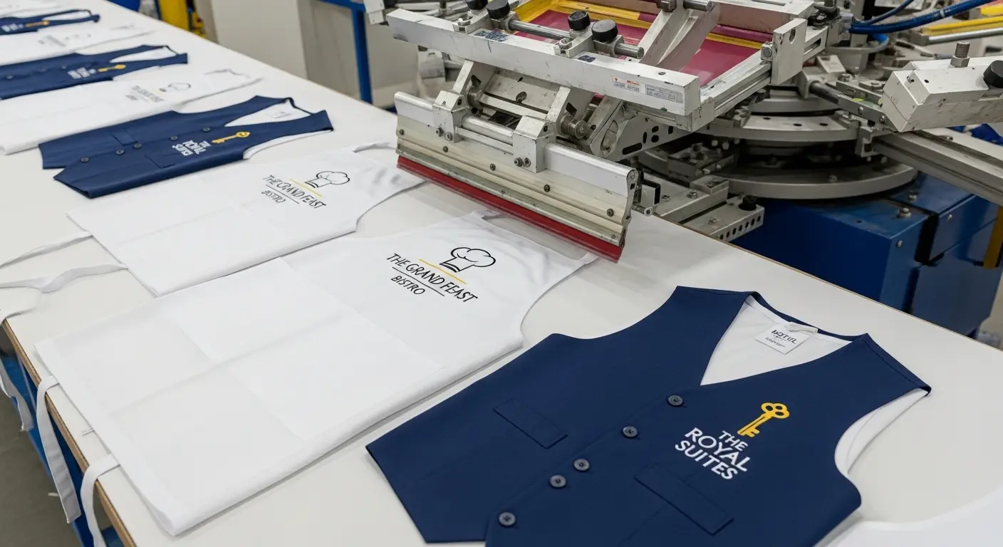 Screen printing machine printing logos on workwear and hospitality uniforms