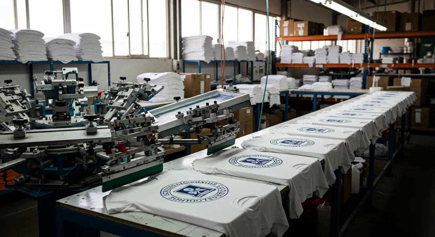 Screen printing machines producing bulk school uniforms at Stitch Point factory