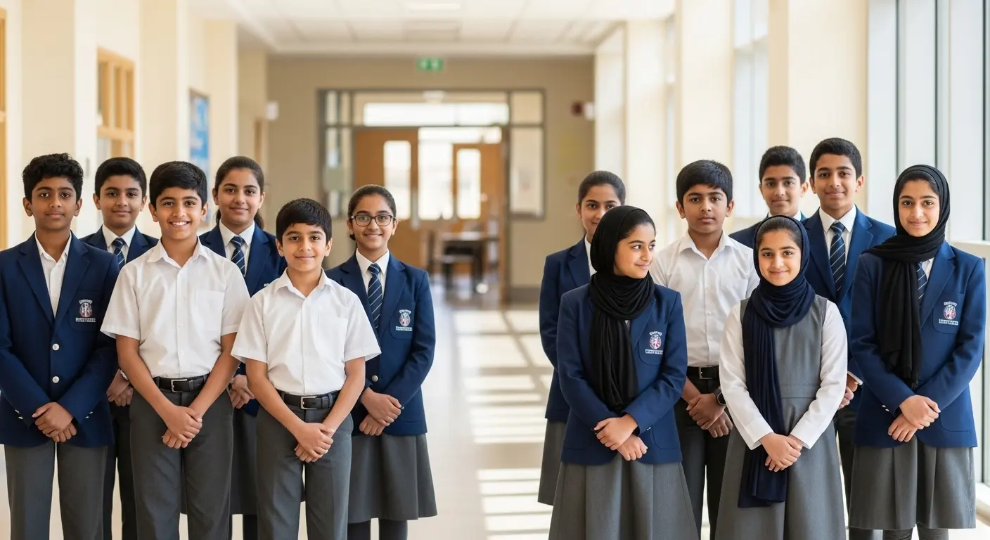 Group of students wearing custom school uniforms supplied by Stitch Point Qatar