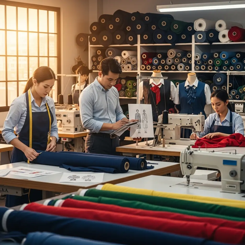 Tailors working in a garment workshop producing school uniforms with fabric rolls and sewing machines