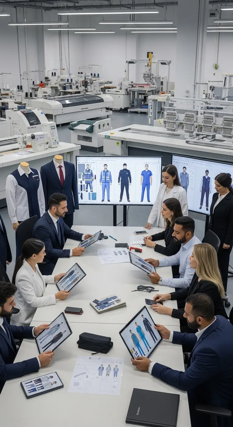 uniform design and production planning meeting at manufacturing facility in Qatar