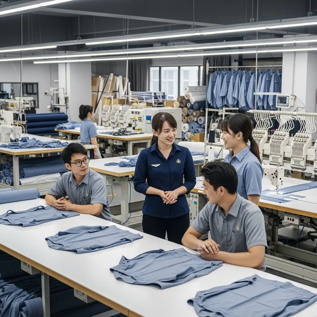 uniform production team inspecting garments at manufacturing facility in Qatar