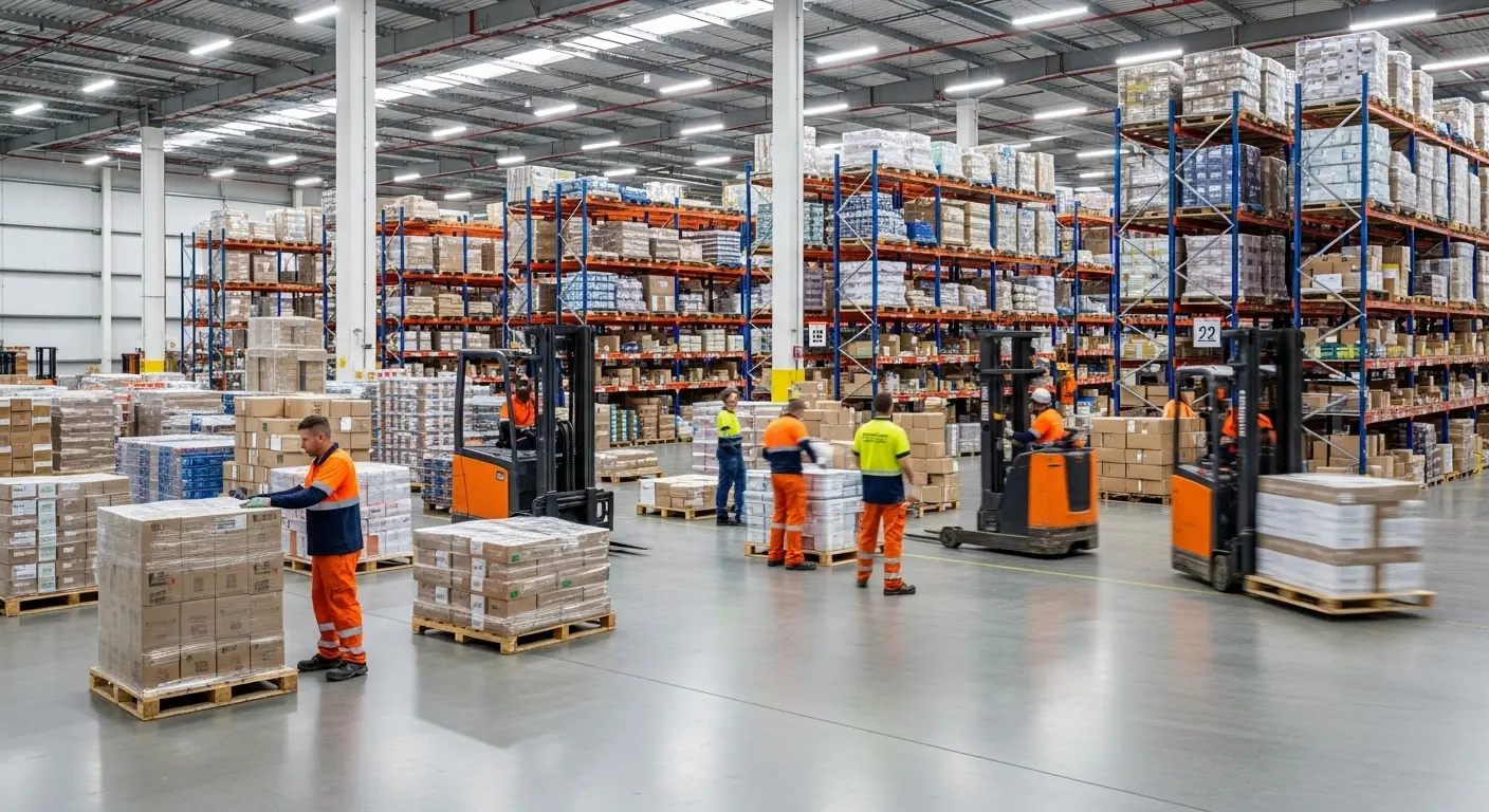 warehouse workers wearing safety uniforms and operating forklifts in Qatar