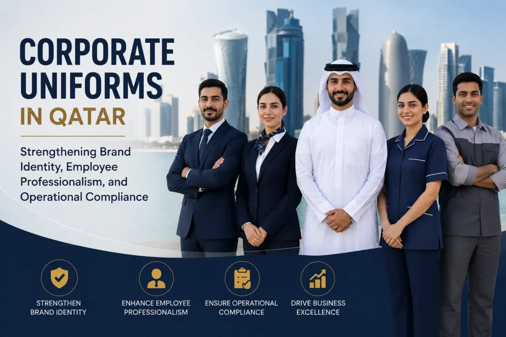 Corporate employees wearing custom branded uniforms designed and manufactured by Stitch Point Qatar to enhance brand identity and professionalism.