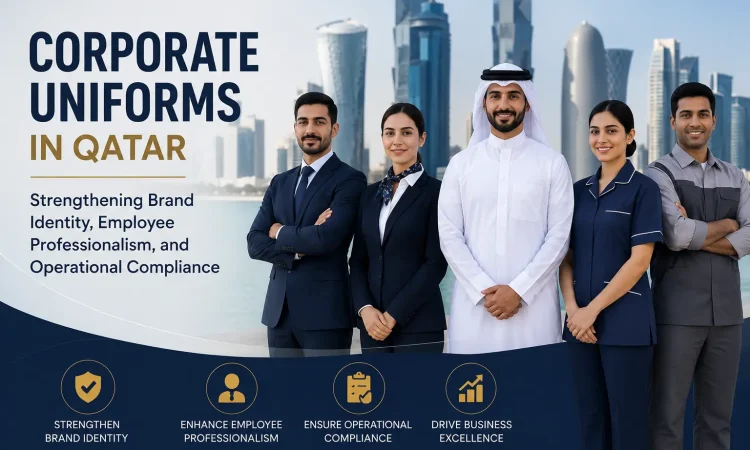 Corporate employees wearing custom branded uniforms designed and manufactured by Stitch Point Qatar to enhance brand identity and professionalism.