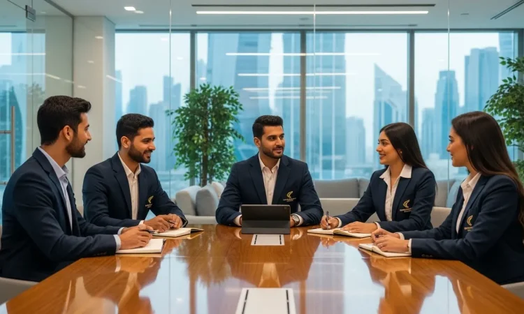 corporate team wearing professional uniforms during office meeting in Qatar