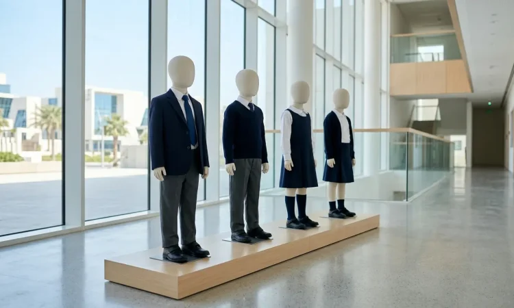School uniforms displayed in a modern educational setting in Qatar.